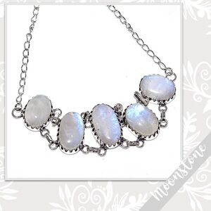 Rainbow Moonstone Large Silver Artisan Necklace 20” Turquoise /Blue-Violet flash